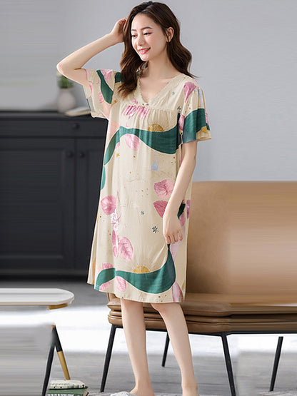 Comfortable Printing Lace Split-Joint  Round-Neck Pajama Dress