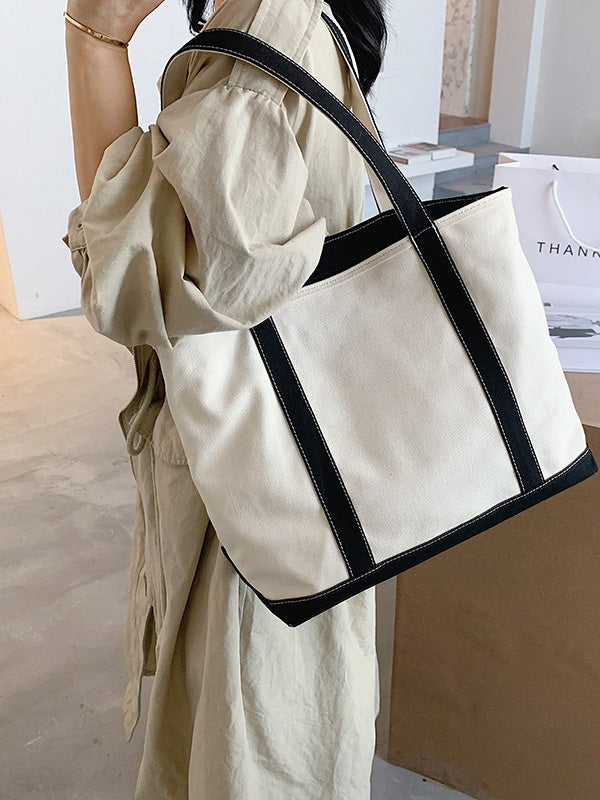 Simple Split-Joint Canvas Shoulder Bag Tote Bag