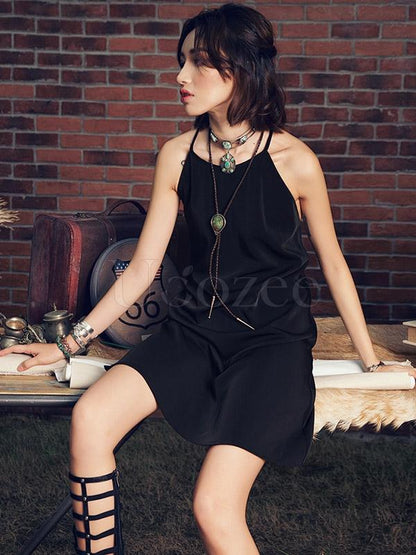 National Embroidered Hollow Spaghetti-neck Mini Dress