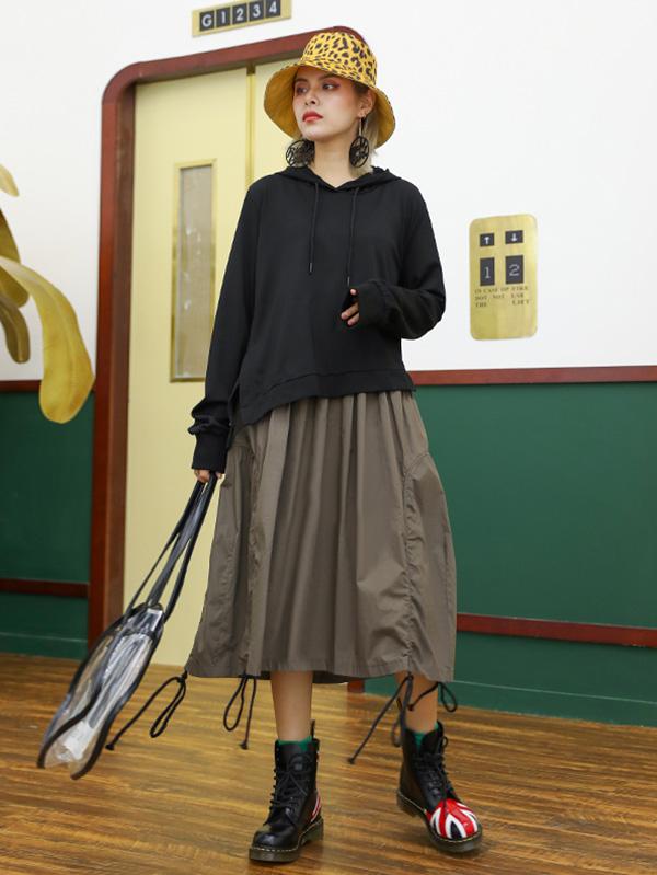 Retro False Two Split-joint Drawstring Sweatshirt Dress