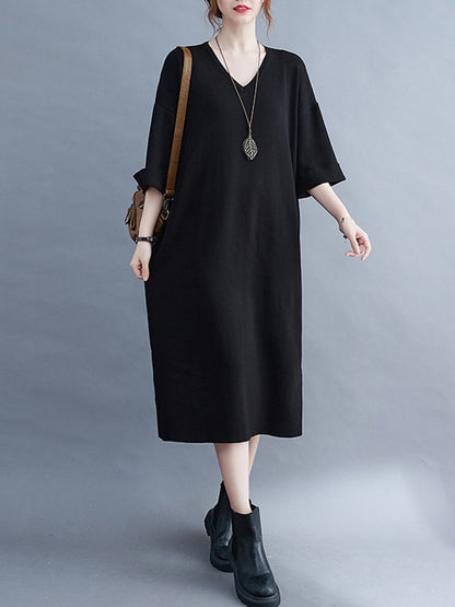 Urban Solid Color V-Neck Split-Side Knitting H-Line Sweater Dress