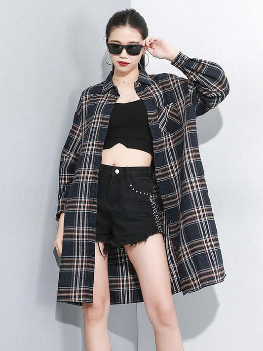 Loose Retro Lapel Plaid Shirt Dress