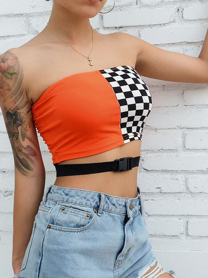 Cross Bandage Patchwork Off Shoulder Tees