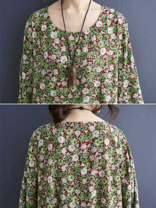 Vintage Loose Floral Printed Round-Neck Batwing Sleeves Midi Dress