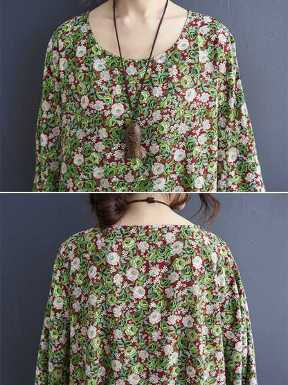 Vintage Loose Floral Printed Round-Neck Batwing Sleeves Midi Dress