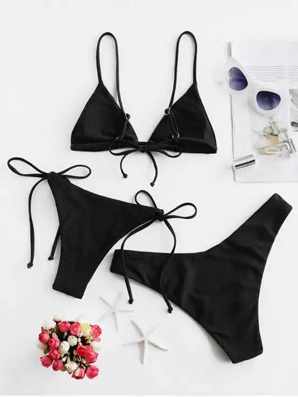 Solid Color Bandage Three-Piece Bikini Swimsuit