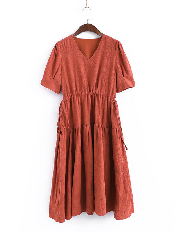 Urban Solid Color V-Neck Drawstring Short Sleeves Midi Dress
