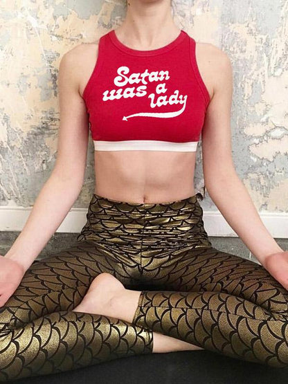 Letter Printed Elastic Hem Yoga Tanks