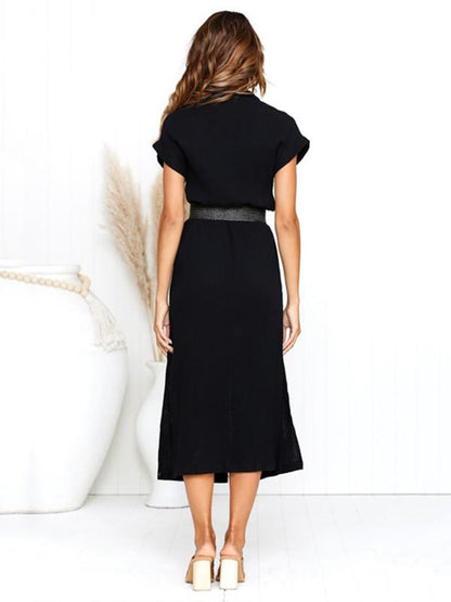 Simple Split-side V-neck Shirt Midi Dress