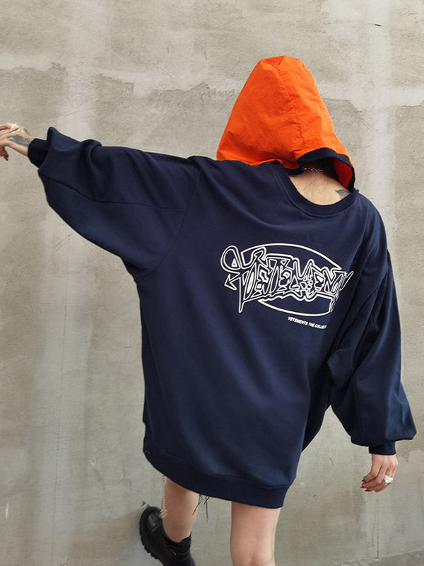 Original Split-Joint Contrast Color Letter Printed Batwing Sleeve Drawstring Hoodies
