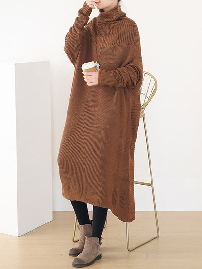 Casual Solid Color High-Neck Long Sleeves Knitted Sweater Midi Dress