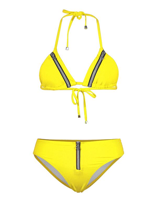 Plain Zipper Spaghetti Strap Bikini Swimsuit