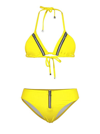 Plain Zipper Spaghetti Strap Bikini Swimsuit