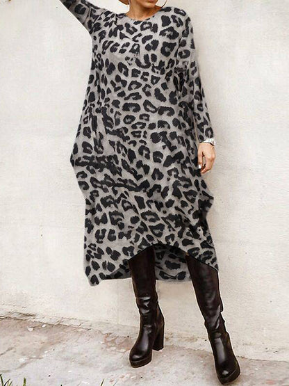 Loose Leopard Long-Sleeves High-Low Long Dress