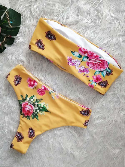 Strapless Solid Printed High Waist Bikinis Swimwear