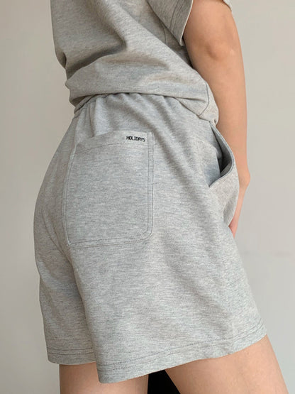 Casual Drawstring Elasticity Waist Solid Wide-Leg Shorts