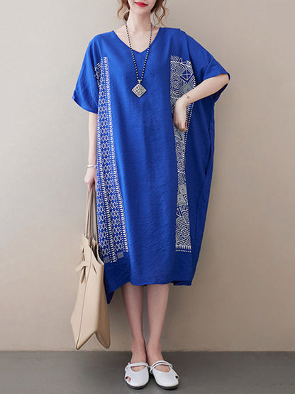 National Printed Batwing Sleeves Round-Neck Loose Midi Dress