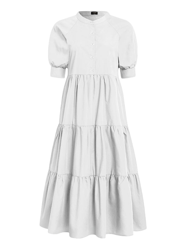 Original Solid Color Split-Joint Pleated Buttoned Stand Collar Half Puff Sleeves Midi Dress