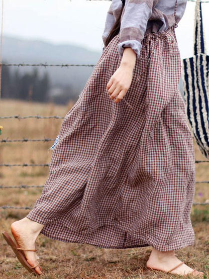 Retro Linen Plaid Braces Skirt