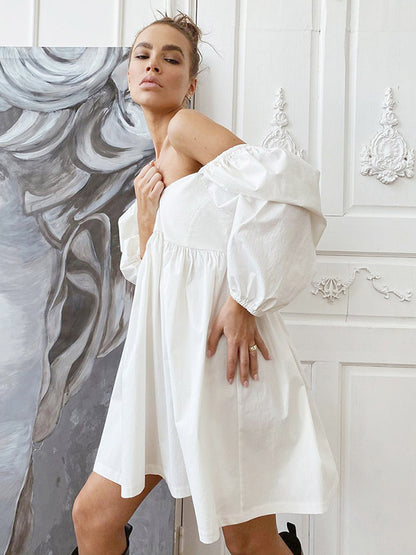 Stylish Split-Joint Pleated Puff Sleeves A-Line Mini Dress