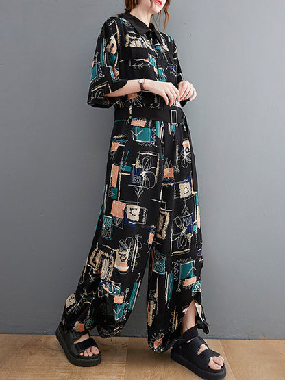 Stylish Printed Belted Split-Side Lapel Short Sleeves Loose Jumpsuits