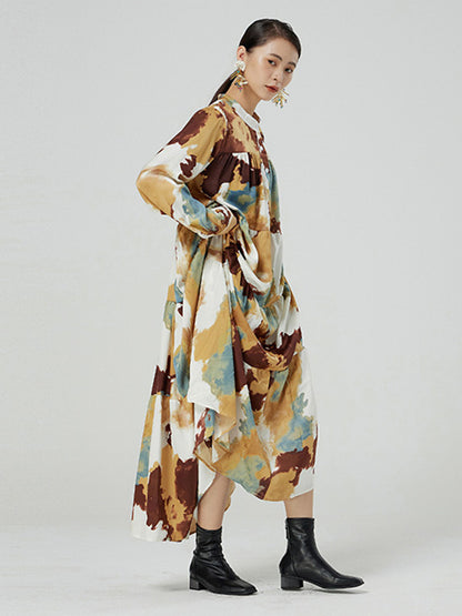 Original Graffiti Contrast Color Tie-Dyed Buttoned Pleated Stand Collar Long Sleeves Maxi Dress