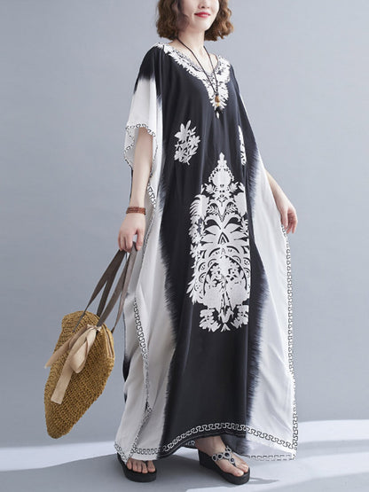 Bohemia Printed V-Neck Batwing Sleeves Contrast Color Maxi Dress