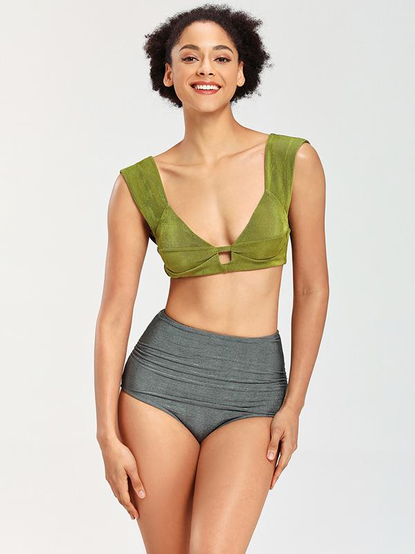 Solid Color Deep V-Neck Split Bikini Swimsuit