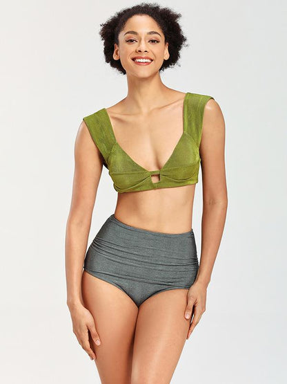 Solid Color Deep V-Neck Split Bikini Swimsuit