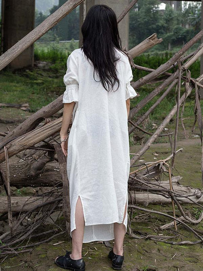 Solid Ruffled Split-Side Short Sleeves Dress