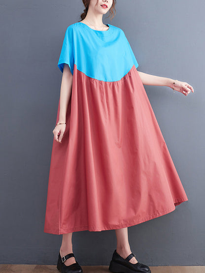 Original Loose Contrast Color Pleated Midi Dress