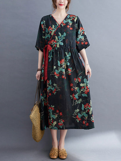 Artistic Retro Loose Tied Floral Printed Pleated V-Neck Short Sleeves Midi Dress