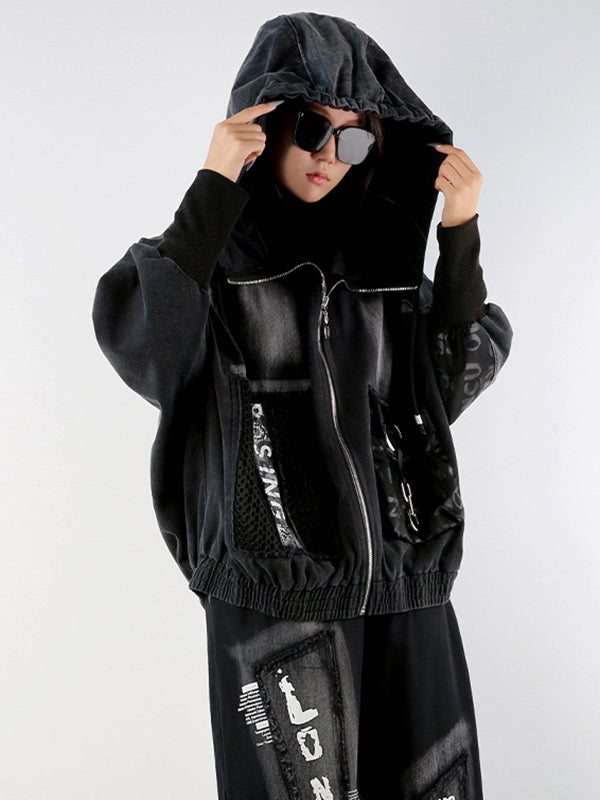Stylish Cool Street Long Batwing Sleeves Letter Print Zipper Hooded Jackets&Coats