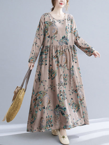 Vintage Ramie Cotton Floral Printed Round-Neck Long Sleeves Loose Maxi Dress