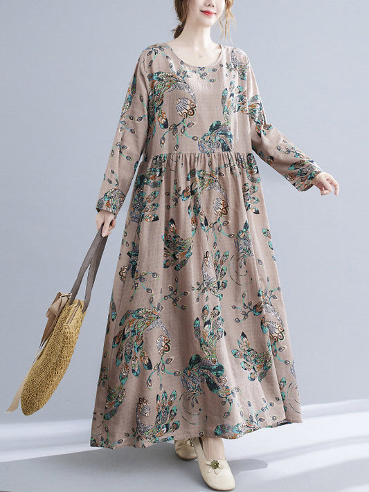 Vintage Ramie Cotton Floral Printed Round-Neck Long Sleeves Loose Maxi Dress