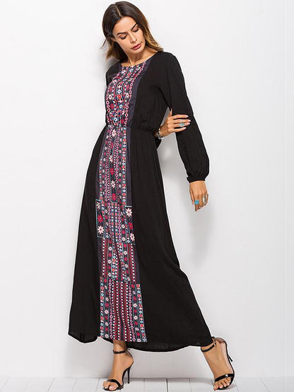 Round-neck Long Sleeves Printed Maxi Dress