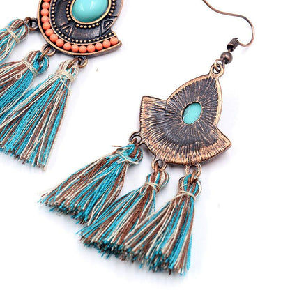Buykud Bohemian Style Casual Turquoise Tassel Earrings
