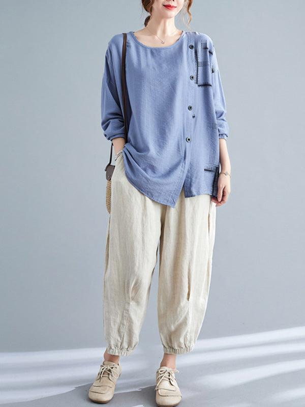 Casual Asymmetric Buttoned Round-Neck Long Sleeves T-Shirt Tops