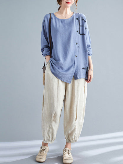 Casual Asymmetric Buttoned Round-Neck Long Sleeves T-Shirt Tops