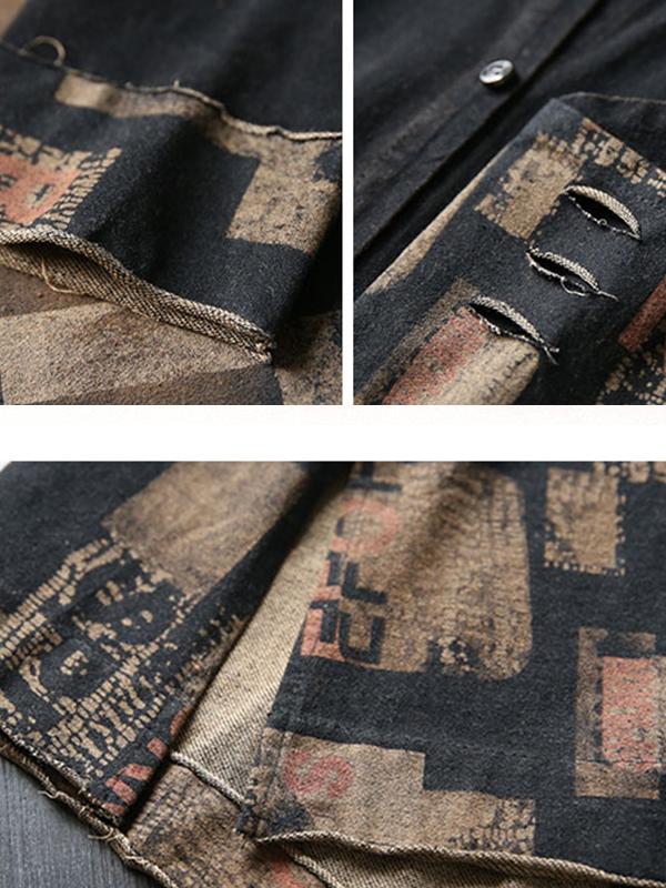 Buykud Retro Printed Split Hem Casual Loose Coat