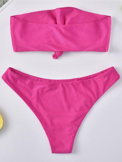 Solid Color Bandeau Split Bikini Swimsuit