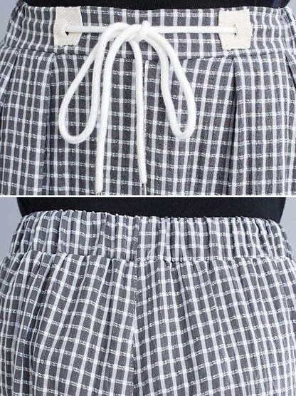 Vintage Ramie Cotton Plaid Drawstring Pants