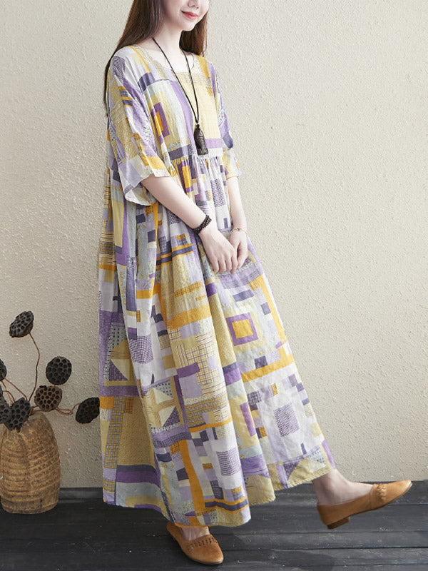 Artistic Retro Ramie Cotton Color-Block Pleated Round-Neck Half Sleeves Midi Dress