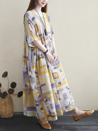 Artistic Retro Ramie Cotton Color-Block Pleated Round-Neck Half Sleeves Midi Dress