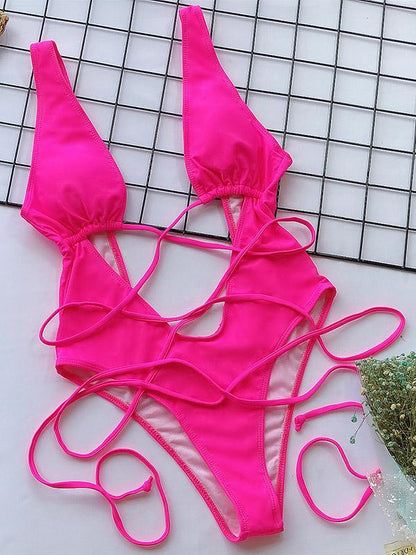 Solid Hollow Straps One-Piece Swimsuit