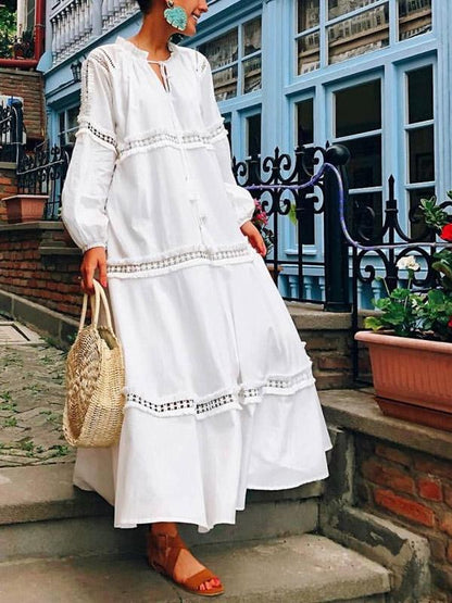 Lace Split-joint Puff Long Sleeves Maxi Dress
