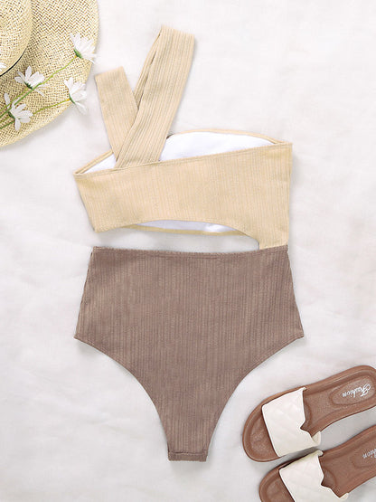 One-Shoulder Belly-Hollow Ribbed Split-Joint One-Piece Swimwear
