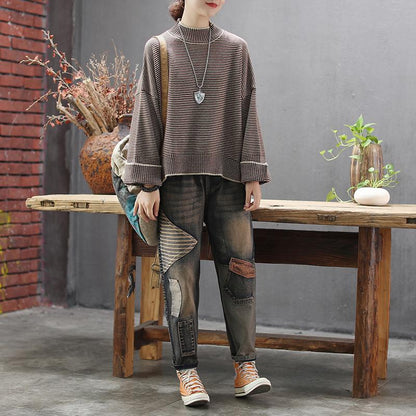 Buykud Half Turtleneck Striped Pullover Casual Sweater