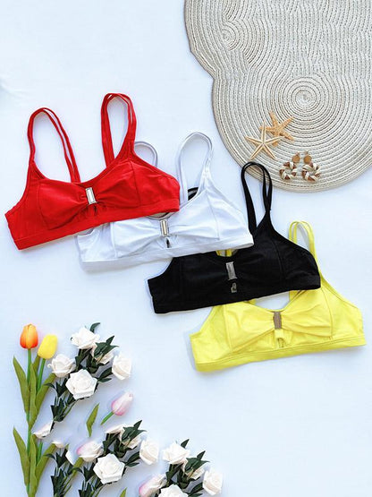Solid Color Belted Split Bikini Swimsuit