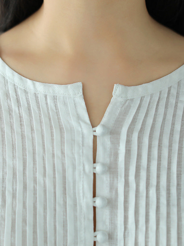 Original Linen Solid Color Pleats T-Shirts Tops